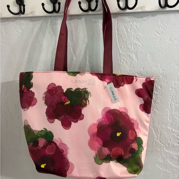 Clinique Pink Floral Tote with Burgundy Handles and Makeup Bag NWT - Picture 2 of 12